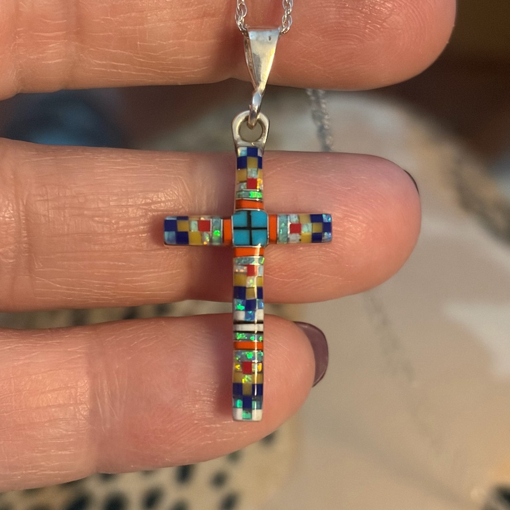Gorgeous Sterling silver Micro Inlaid cross pendant necklace